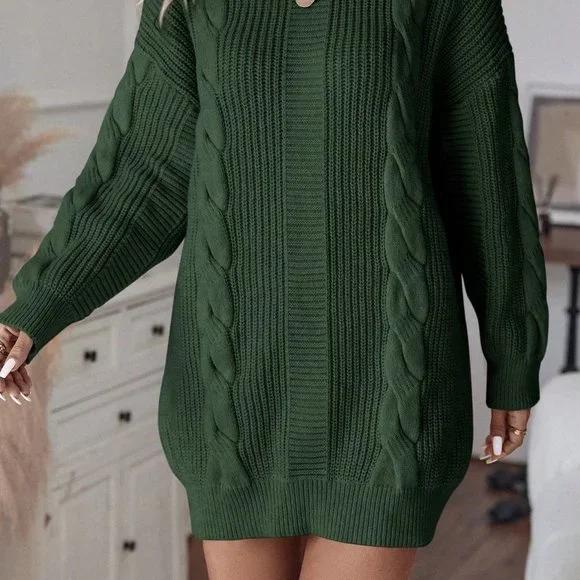 Green Casual Womens Turtleneck Cable Knit Drop Shoulder Sweater Dress - Picture 5 of 6